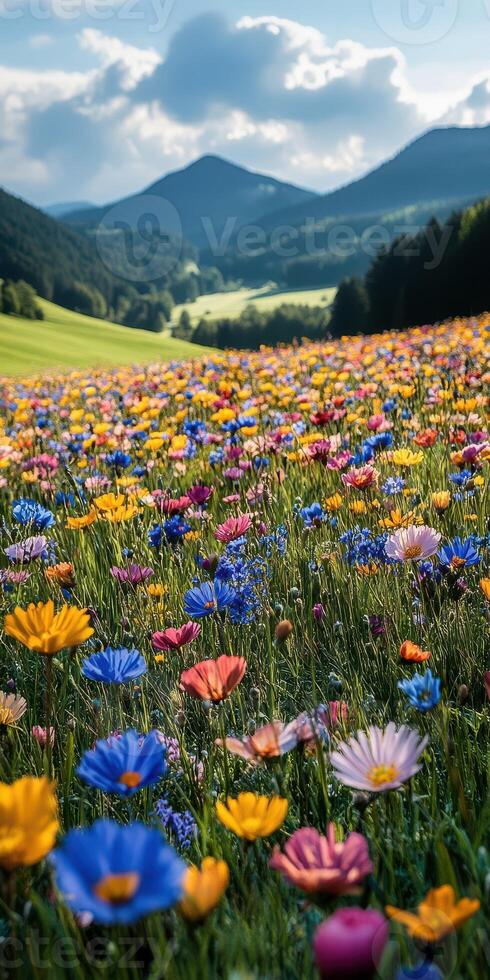 Colorful wildflower meadow in the countryside under a bright sky in late spring photo