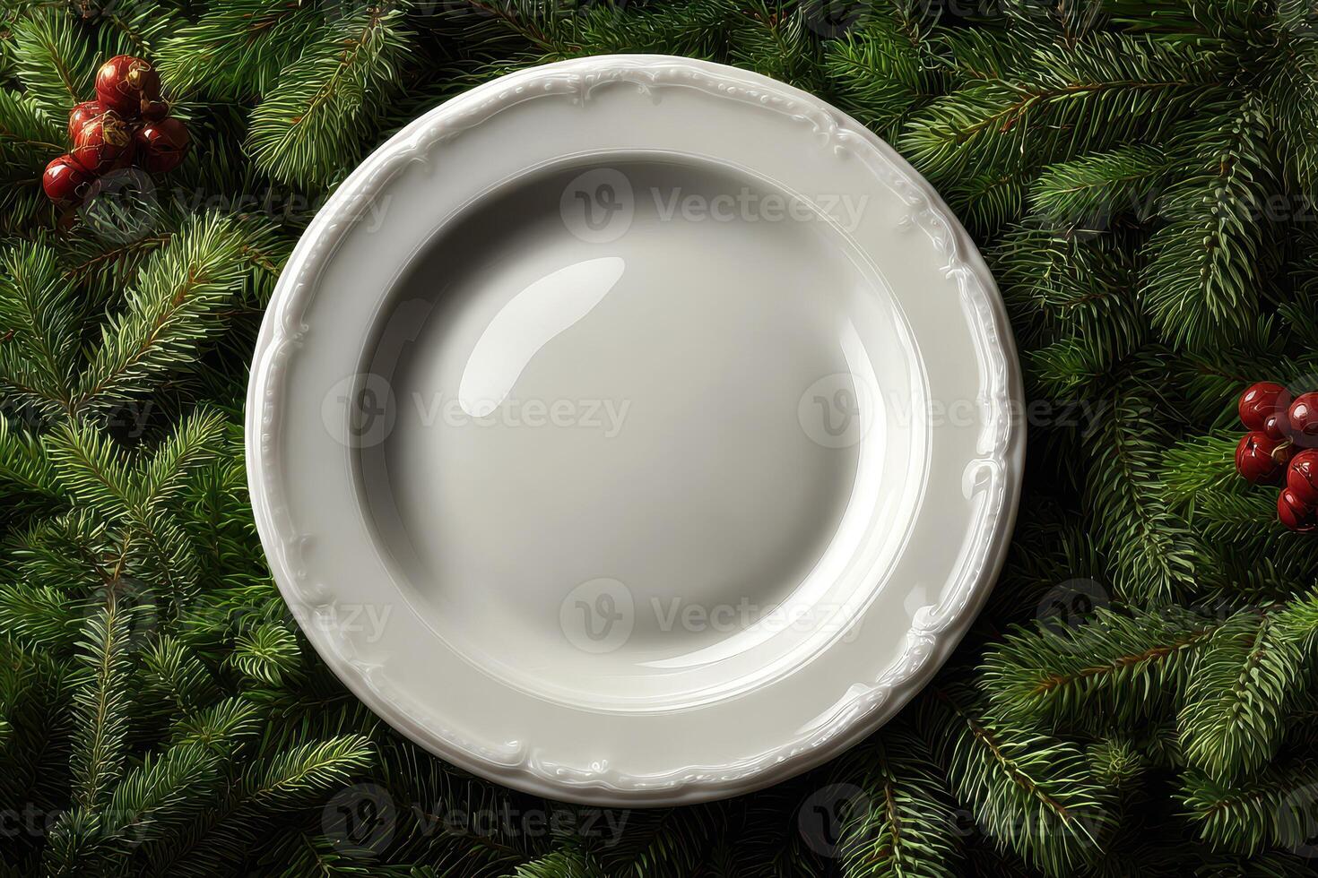 White plate resting on fresh pine branches adorned with red berries during a festive winter celebration photo