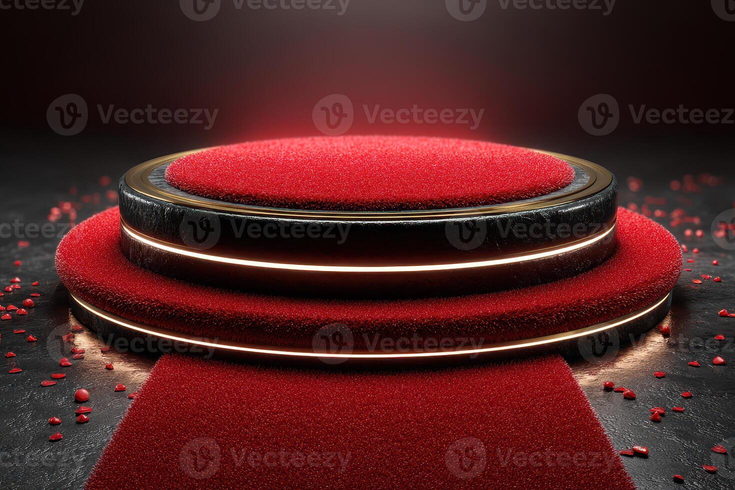 Elegant red carpet stage with circular podium and soft lighting for an upcoming event photo