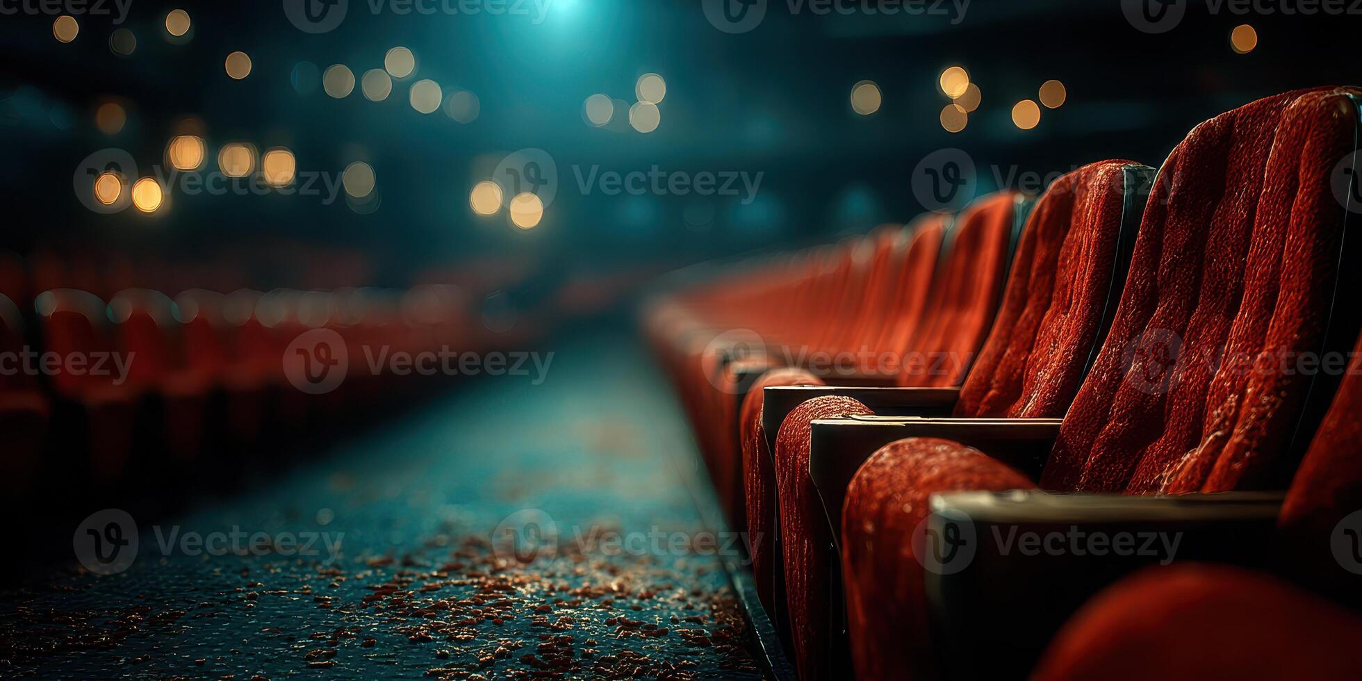Rows of empty red theater seats illuminated by soft blue lighting creating an atmosphere of nostalgia in a quiet auditorium photo