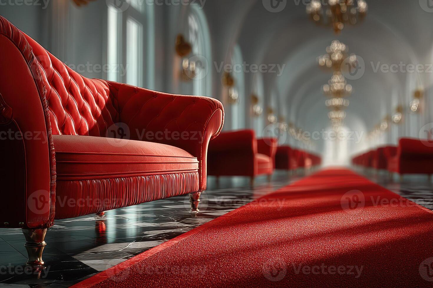Elegant red velvet seating on a plush crimson carpet in an opulent hall adorned with chandeliers photo