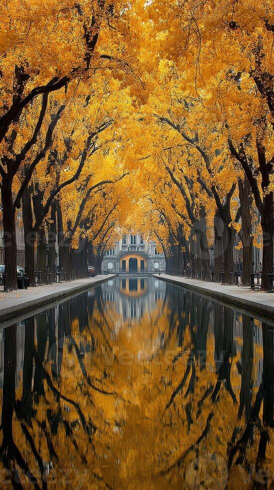 Vibrant fall colors reflect in serene waterway surrounded by golden trees in a tranquil park setting photo