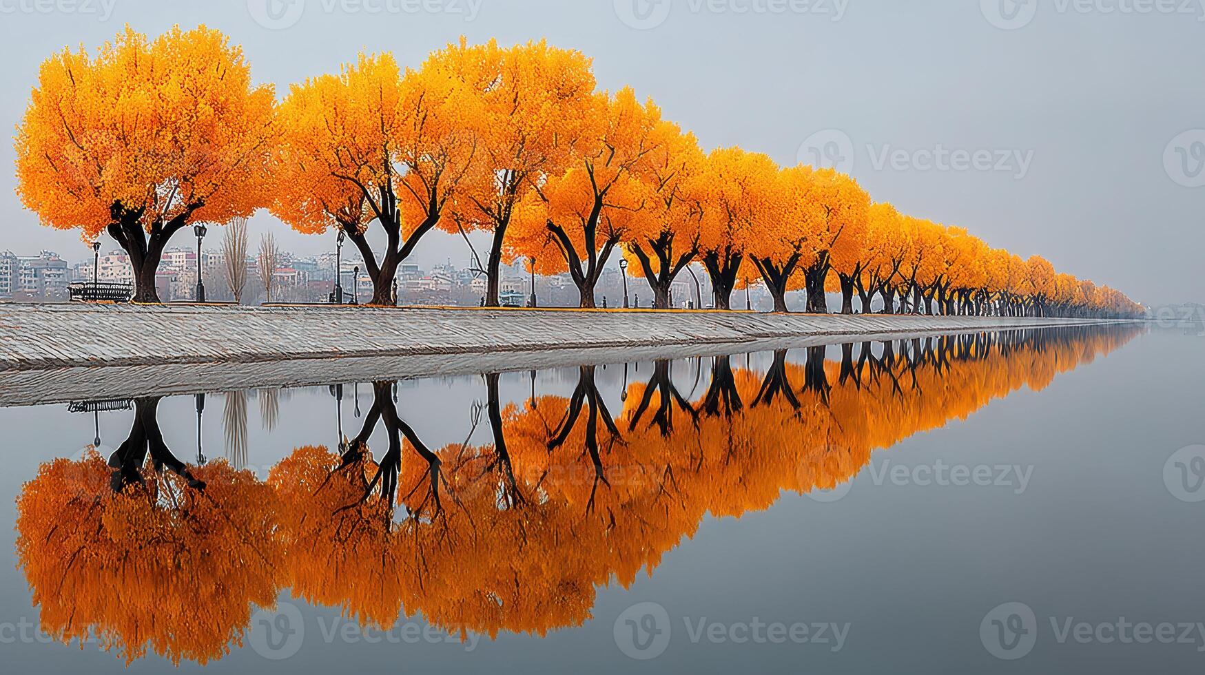 Vibrant autumn trees line a serene lake reflecting golden foliage in a calm environment photo