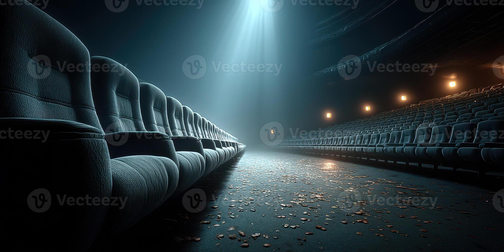 Empty theater seats illuminated by a single beam of light during a quiet moment at dusk photo