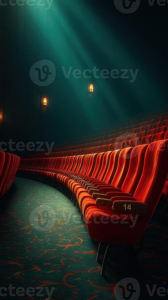 Elegant red cinema seats illuminated by soft lighting in an empty theater during the evening photo