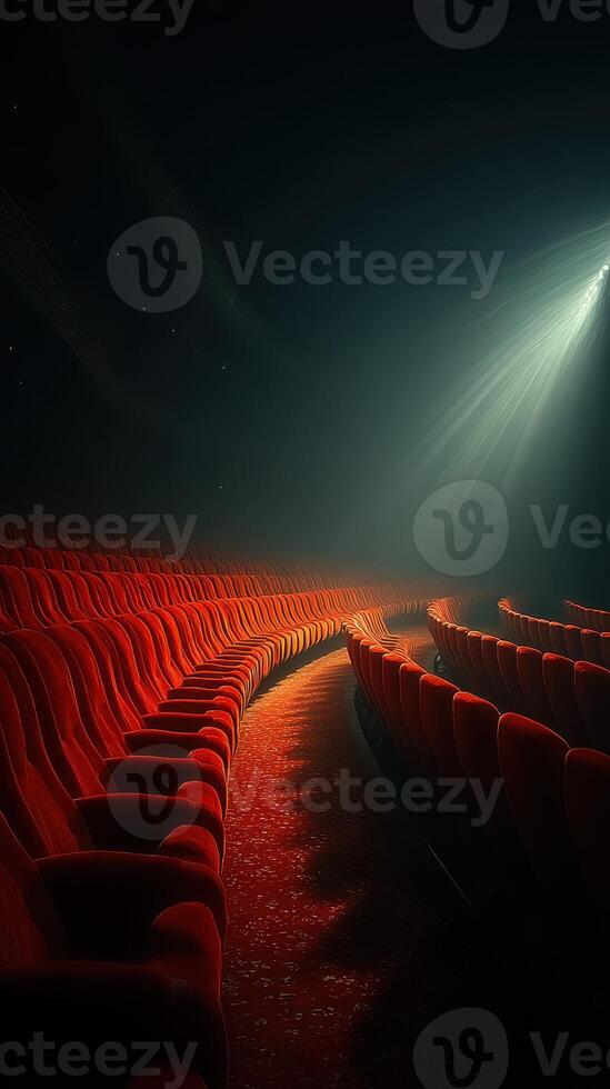 Empty theater with red velvet seats illuminated by soft spotlight in dark setting photo