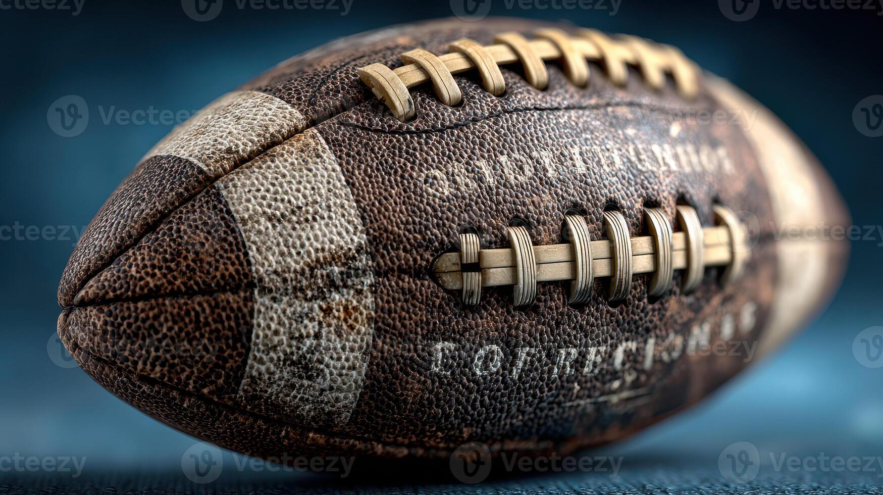 Old leather football resting on a blue background showcasing its worn texture and laces photo