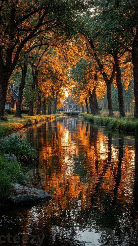 Serene autumn evening by the river with golden reflections and picturesque houses in the background photo