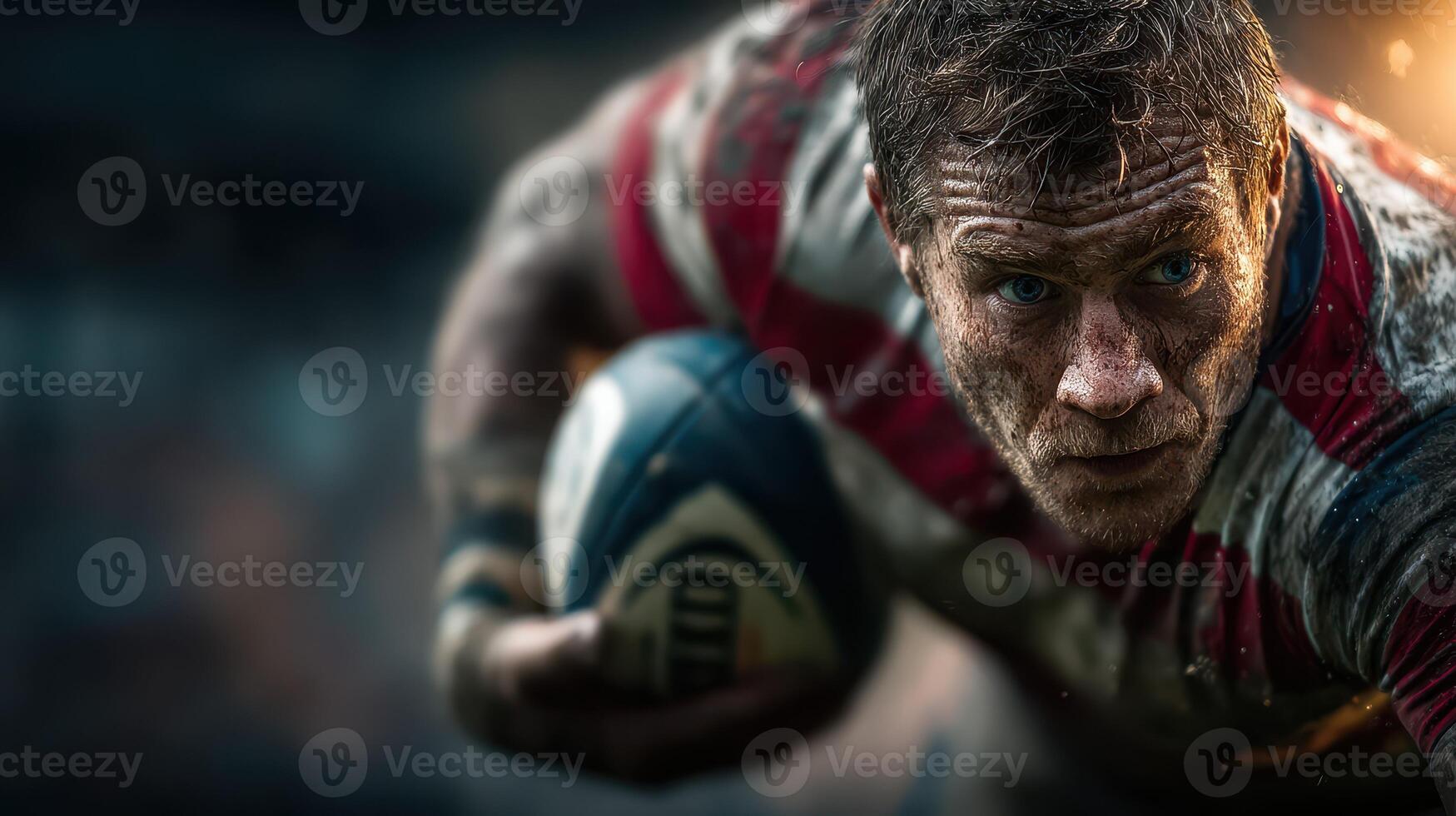 Rugby player in action during a competitive match focused on winning while facing tough opponents in a gritty environment photo