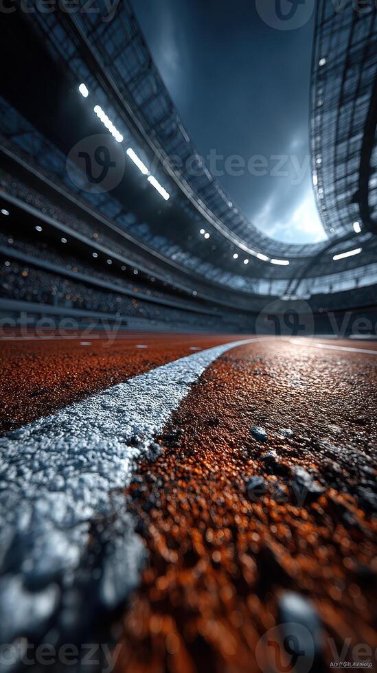 View of a track inside a stadium during an athletic event with dramatic lighting and a focus on the surface photo