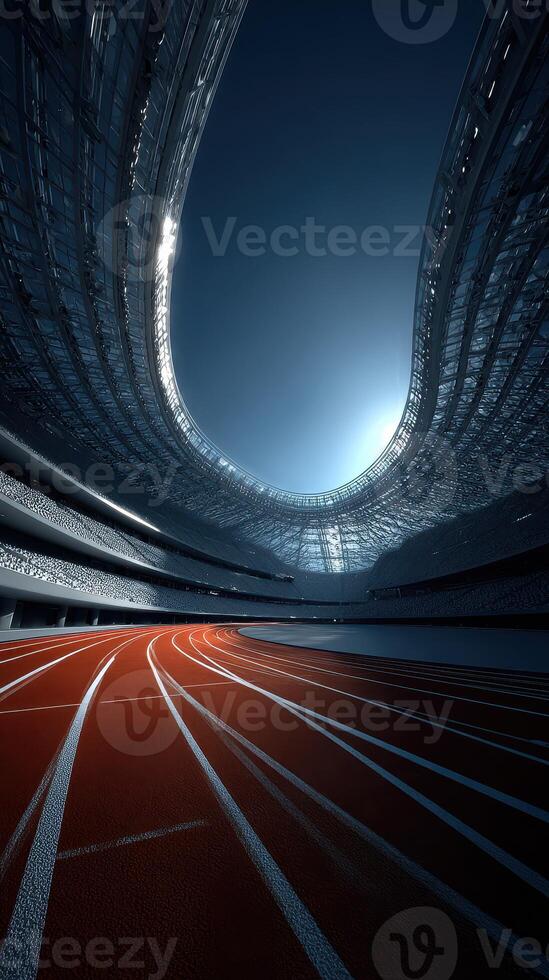 Futuristic athletic stadium interior with illuminated track at dusk photo