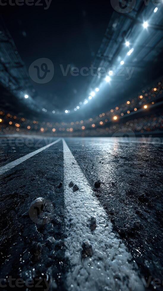 Stadium track illuminated by bright lights with wet surface during an evening event in a bustling sports arena photo