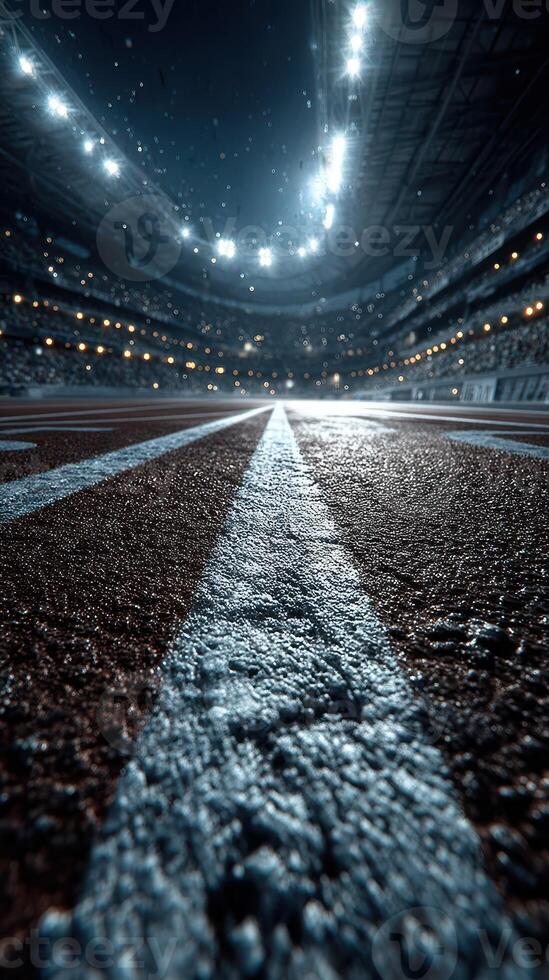 Dynamic view of a stadium track beneath bright lights during a vibrant athletic event at night photo