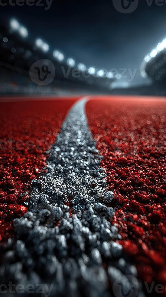 Close-up view of a running track with vibrant red surface illuminated by stadium lights at night photo