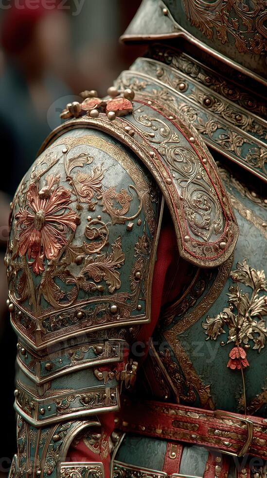 Intricate details of ornate armor displayed at a historical festival in a bustling city photo