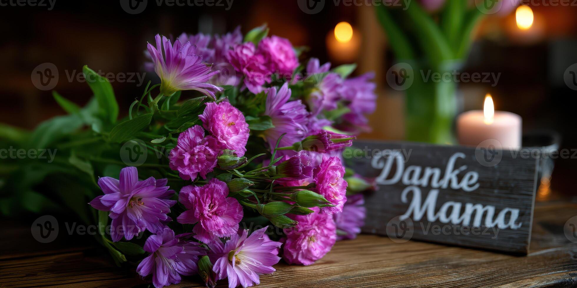 Beautiful bouquet of pink flowers with a heartfelt message for Mother displayed on a rustic wooden table photo