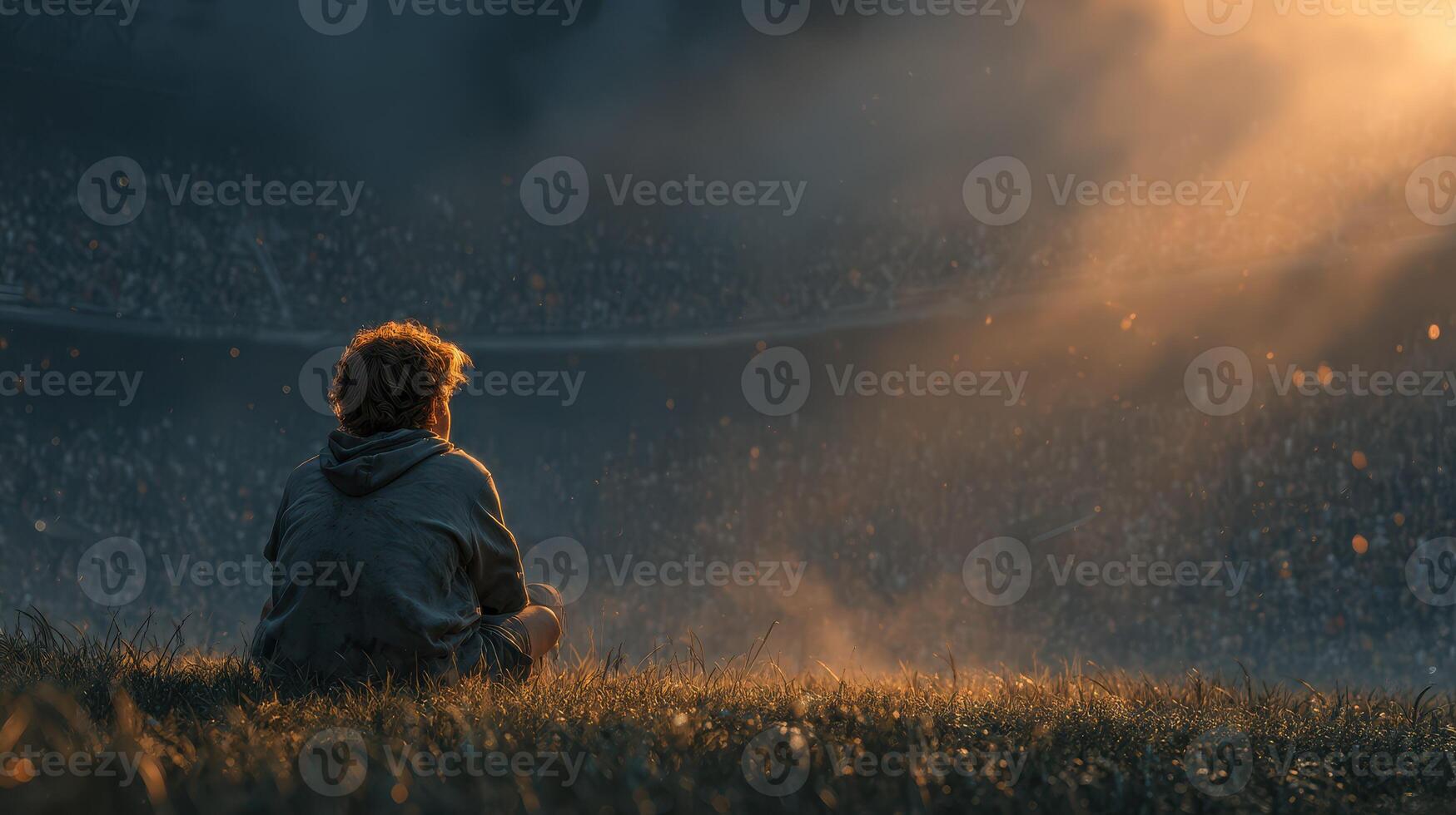 Individual sits on grass at dusk, observing a vibrant crowd during a lively event at an outdoor venue photo