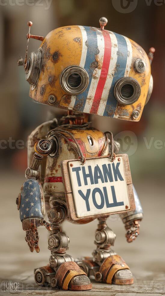 Vintage robot holding a thankful sign in a rustic workshop setting during daytime photo