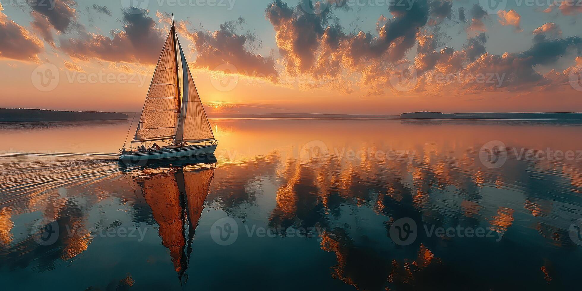 Sailing at sunset on calm waters with vibrant reflections in the sky and water photo