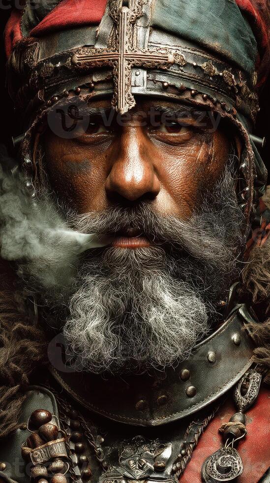 Warrior portrait showcasing detailed armor and fierce expression in a dramatic setting photo