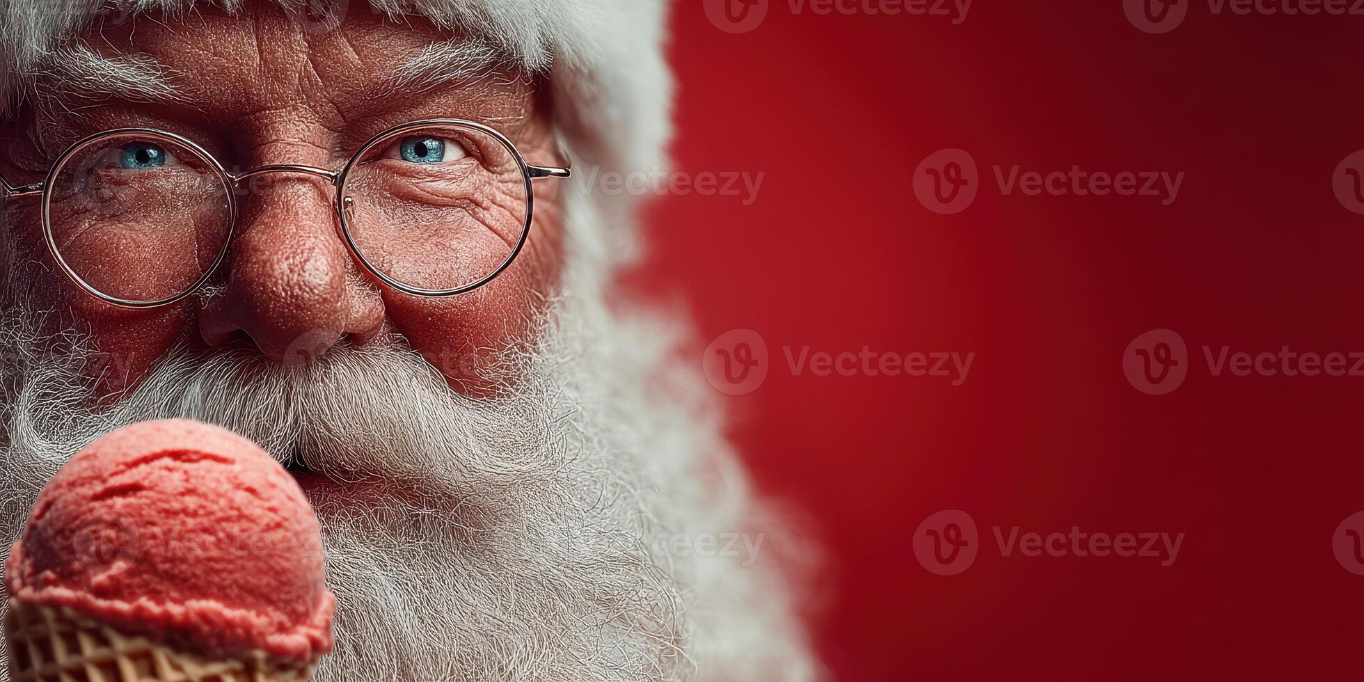 Santa enjoys a sweet ice cream treat during the holiday season with a joyful smile in a festive atmosphere photo