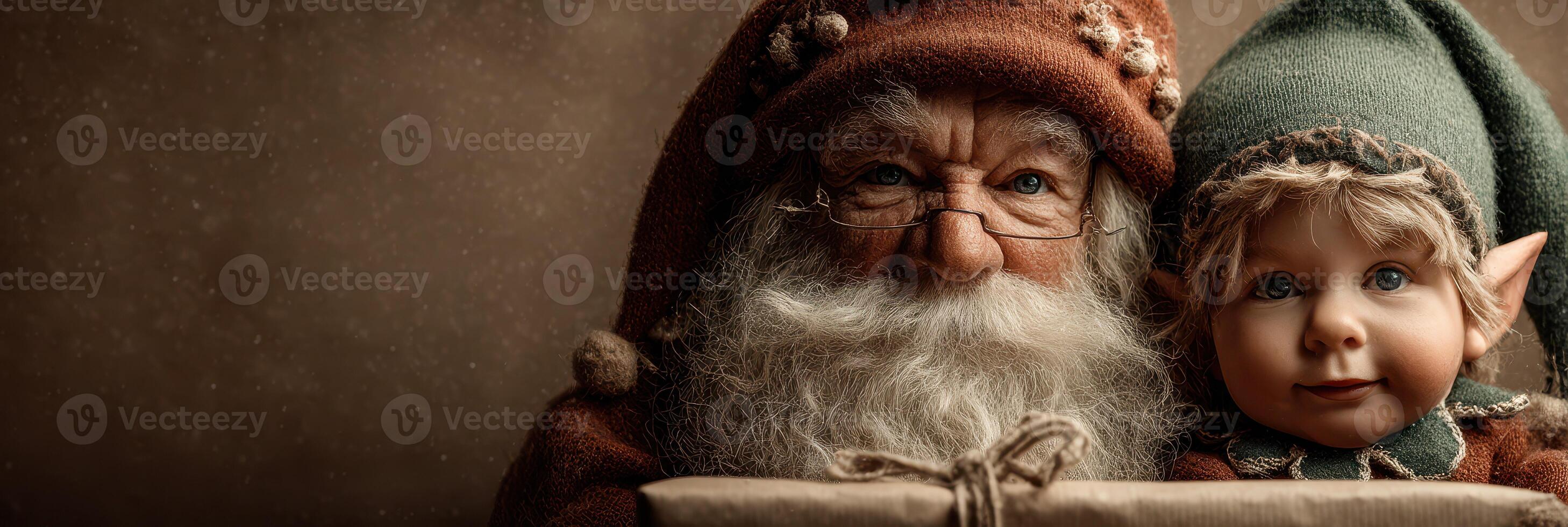 Santa and an elf hold a gift in a cozy, festive setting during the holidays at a workshop photo