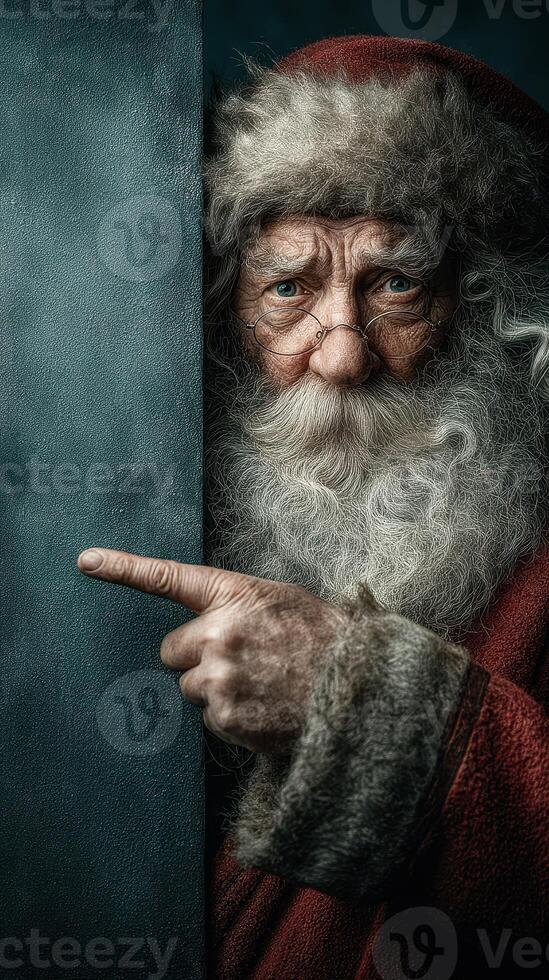 Traditional Santa Claus gestures towards something mysterious while hiding behind a blue wall in a cozy setting during winter photo