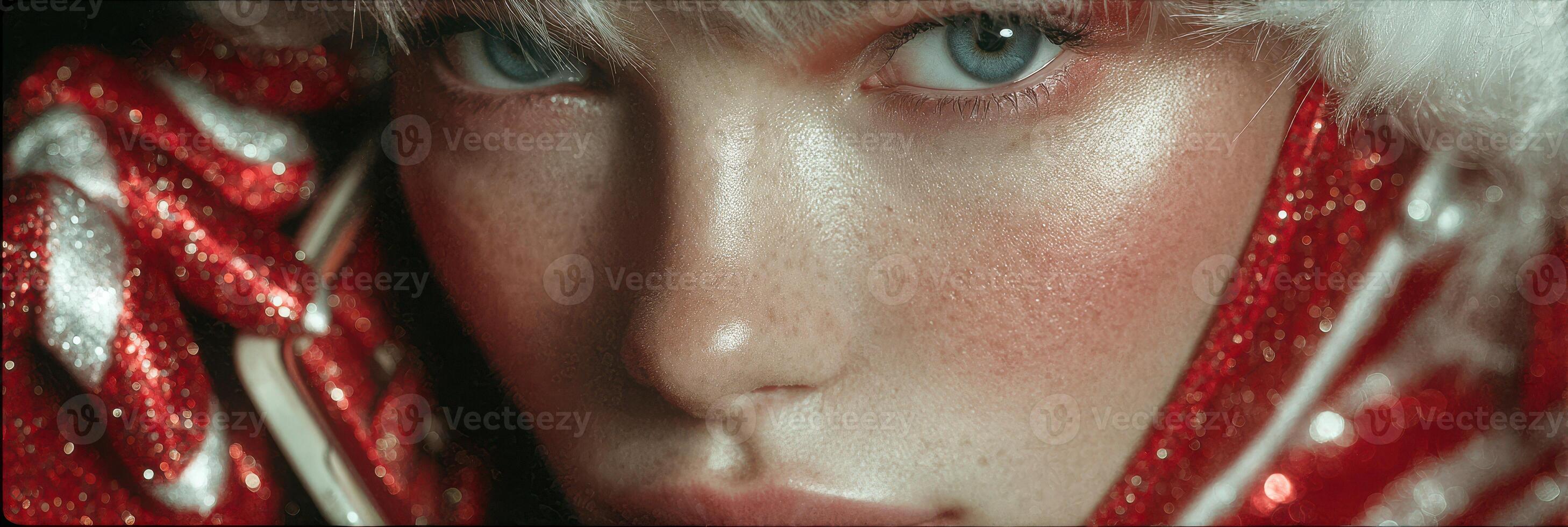 Close-up of a model showcasing festive makeup against a shimmering red backdrop during a holiday-themed photoshoot in winter photo