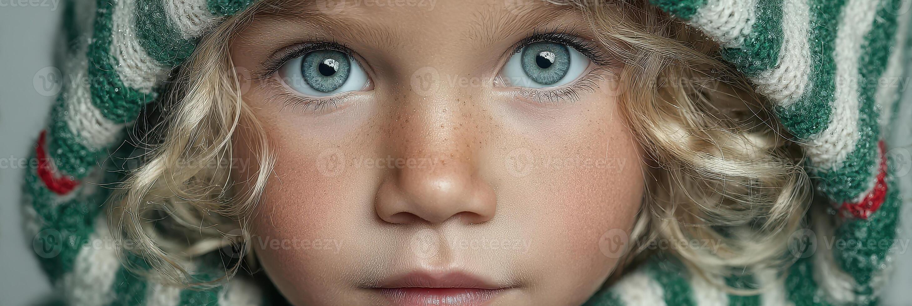 Child with striking blue eyes wearing a striped winter hat, showcasing innocence and curiosity in close-up photo