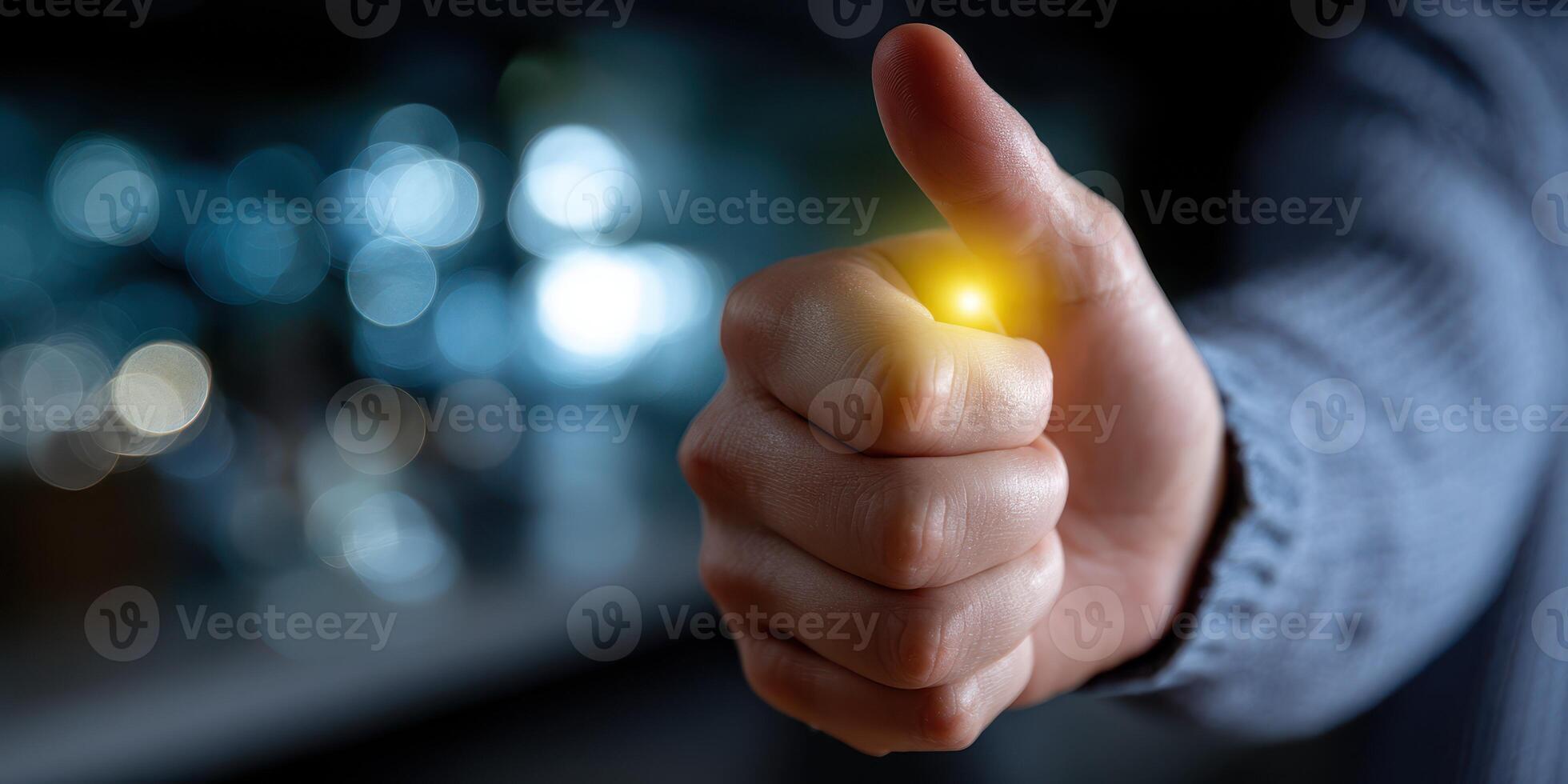 Hand creating a glowing orb with a thumb gesture in a dimly lit setting during evening hours photo