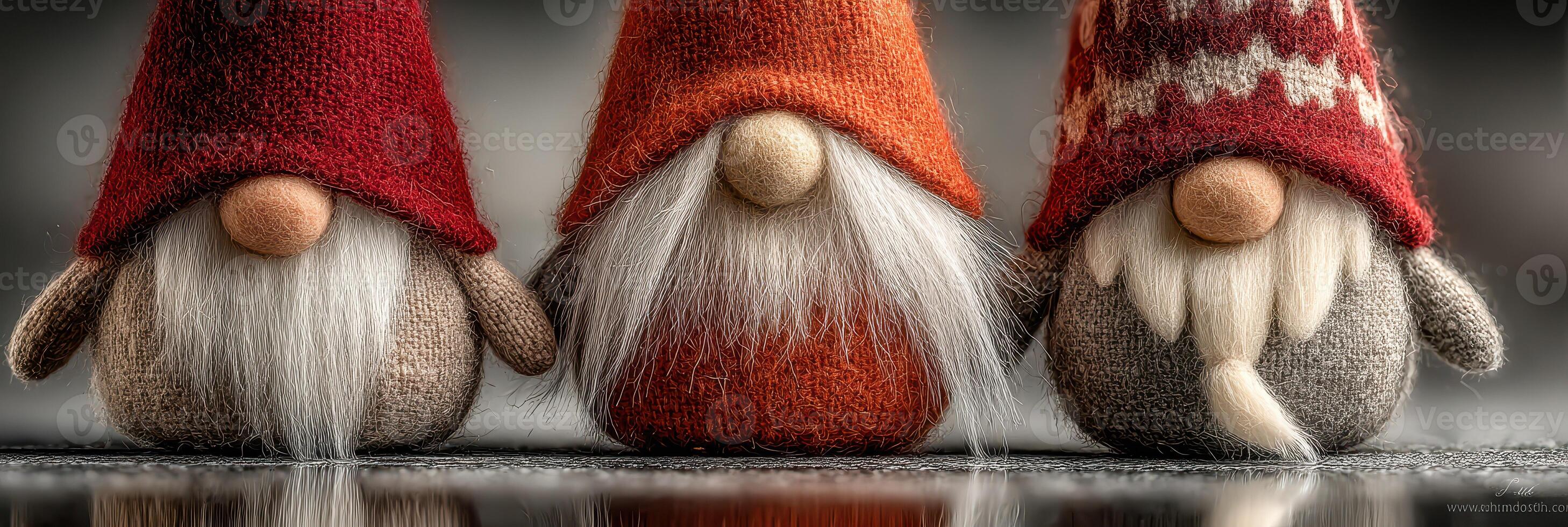 Unique gnome decorations with vibrant hats and distinct features arranged on a surface in a cozy indoor setting photo