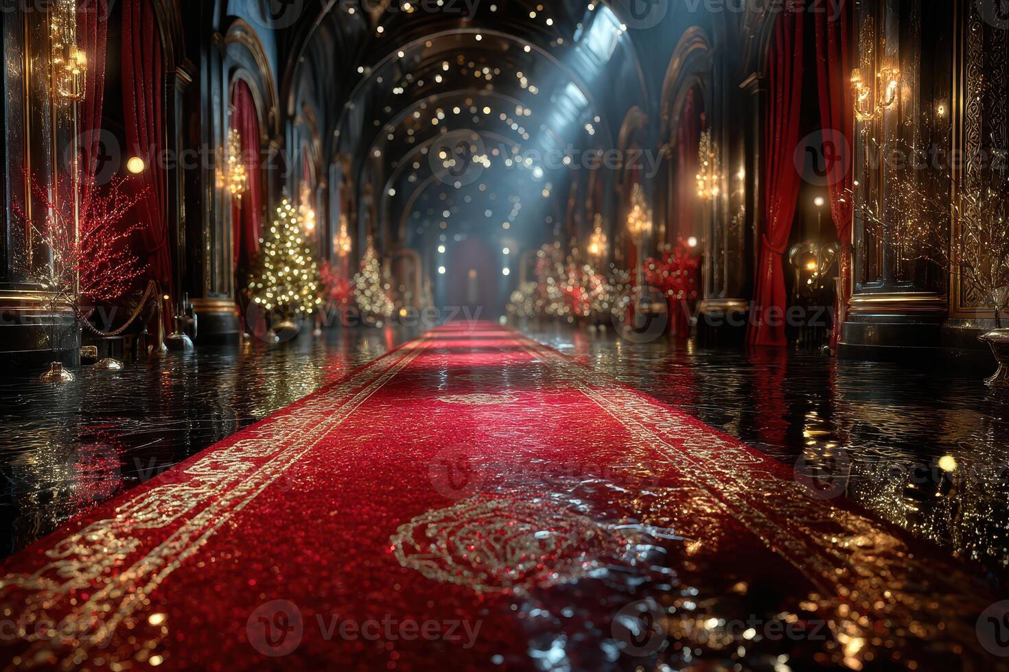 Elegant hallway adorned with festive decorations and shimmering lights in a grand setting during the holiday season photo