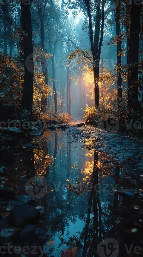 Misty forest at dawn with golden sunlight reflecting on a tranquil stream and colorful autumn leaves photo