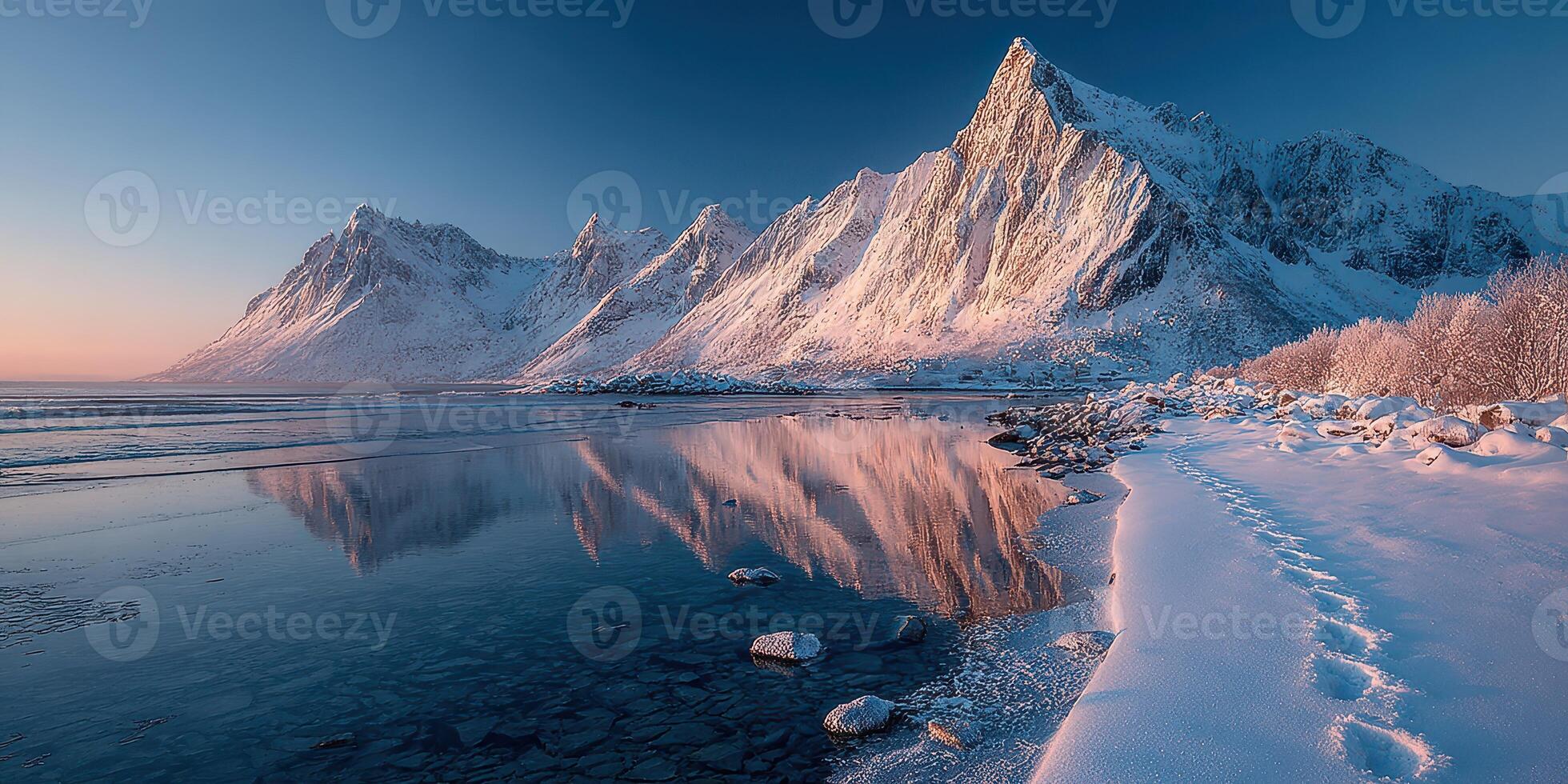 Majestic snowy mountain landscape reflecting in calm water at sunrise near a coastal shoreline photo