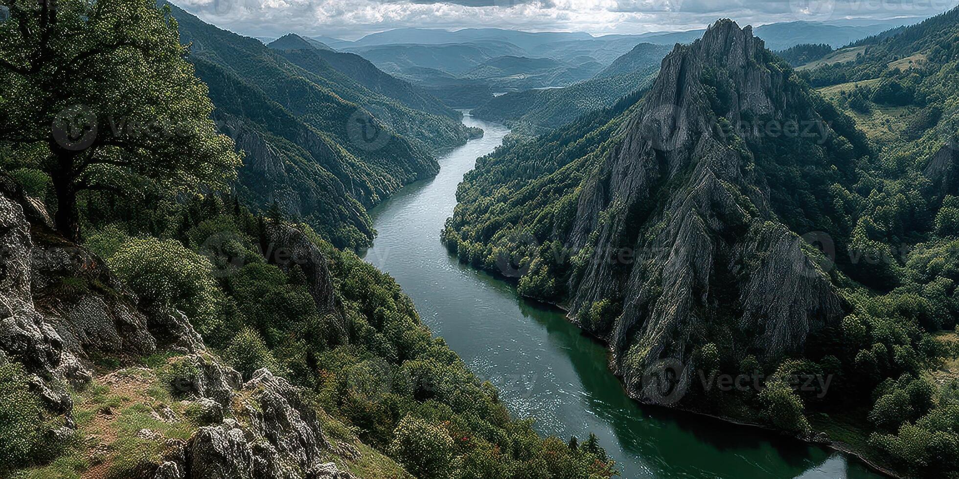 Stunning view of a winding river surrounded by lush hills and dramatic cliffs photo