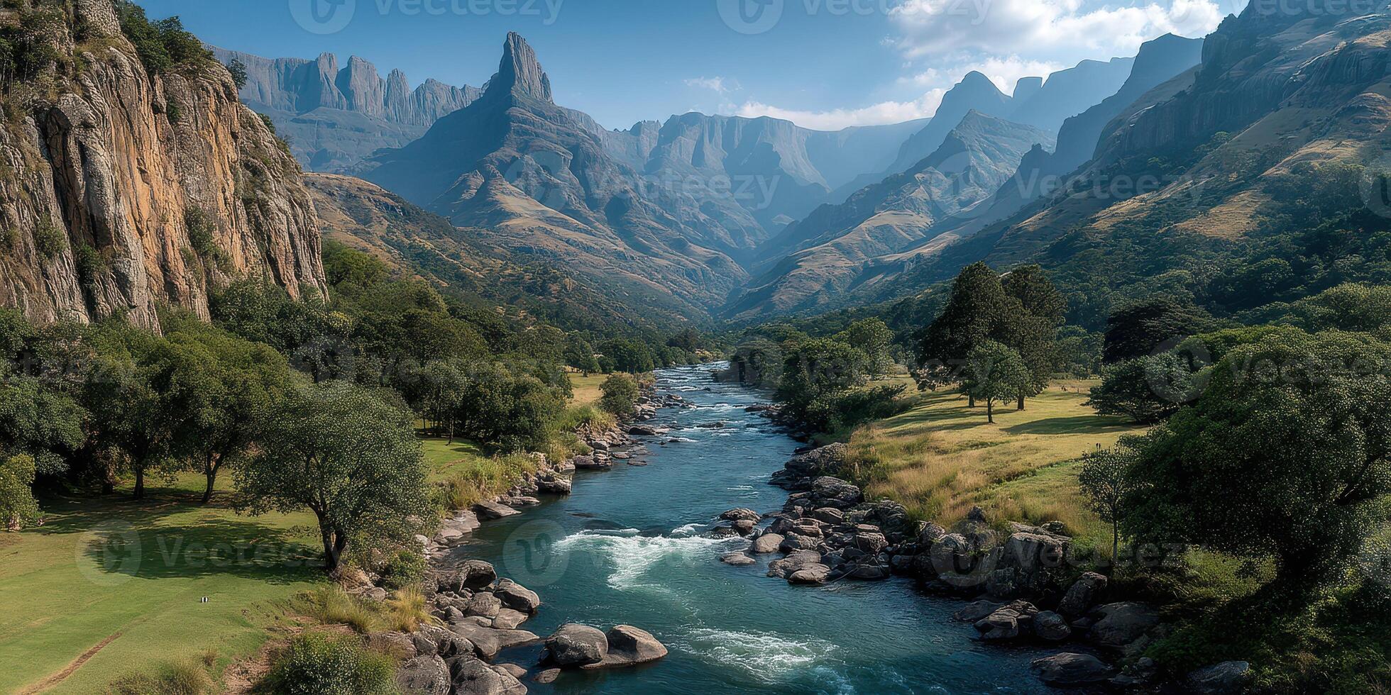Scenic view of a river flowing through a lush valley surrounded by majestic mountains in bright daylight photo