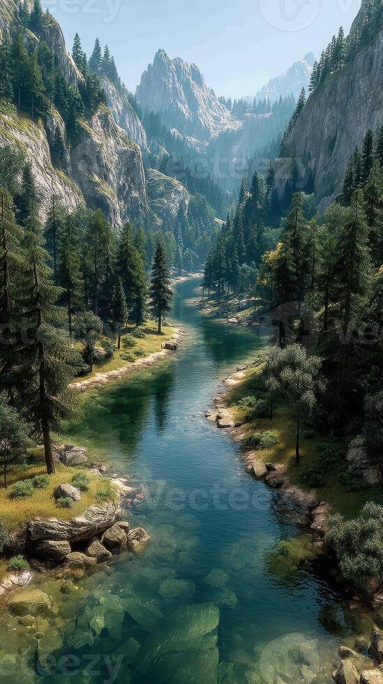 Serene river flowing through a lush mountain valley with towering trees under a clear blue sky photo