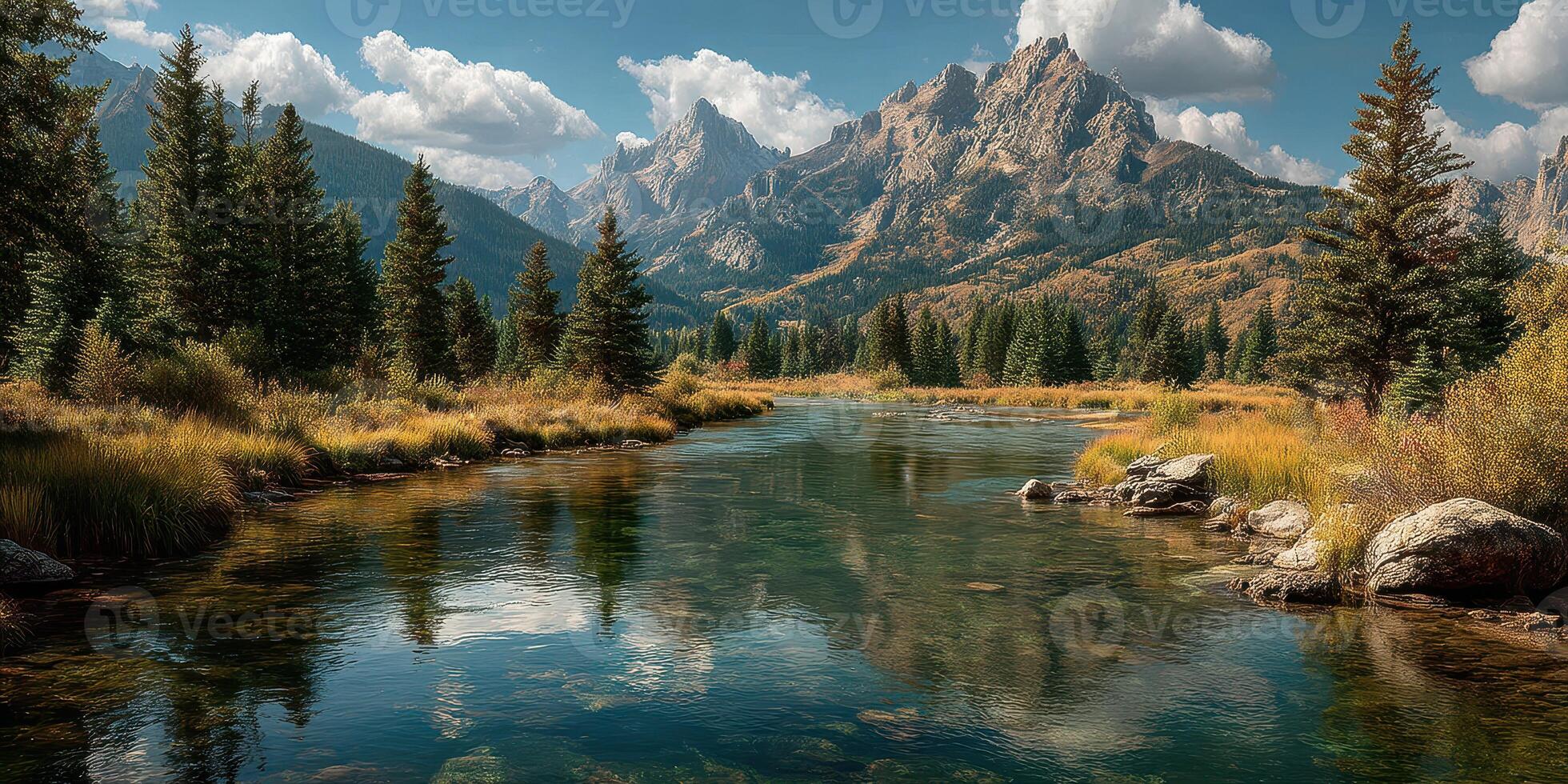 Majestic mountain landscape reflecting in serene river surrounded by lush greenery on a sunny day photo