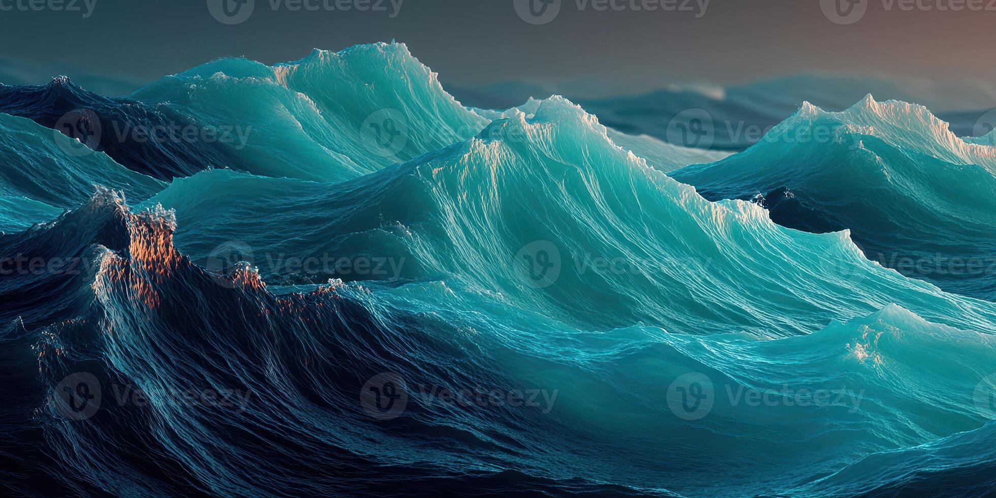 Waves crashing in a vibrant ocean landscape at sunset photo