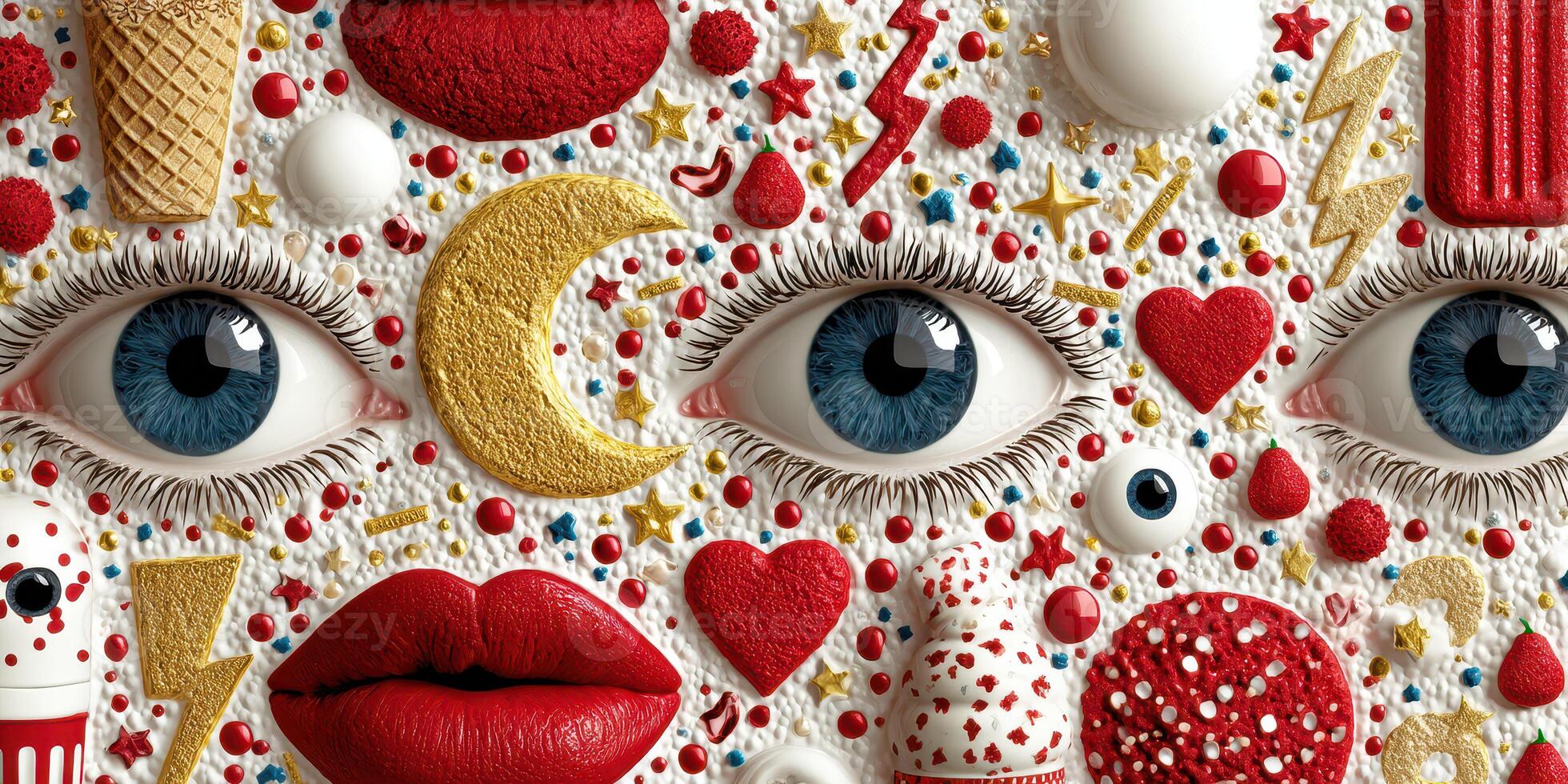 Vibrant collage of artistic eyes surrounded by colorful patterns and shapes in a creative display of imagination photo