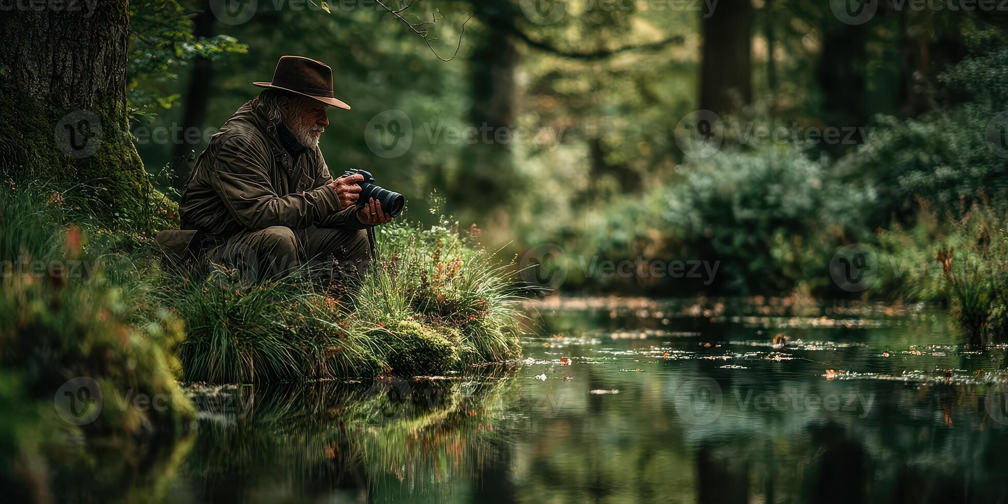 Photographer capturing nature by a tranquil stream in a lush forest during the golden hour photo