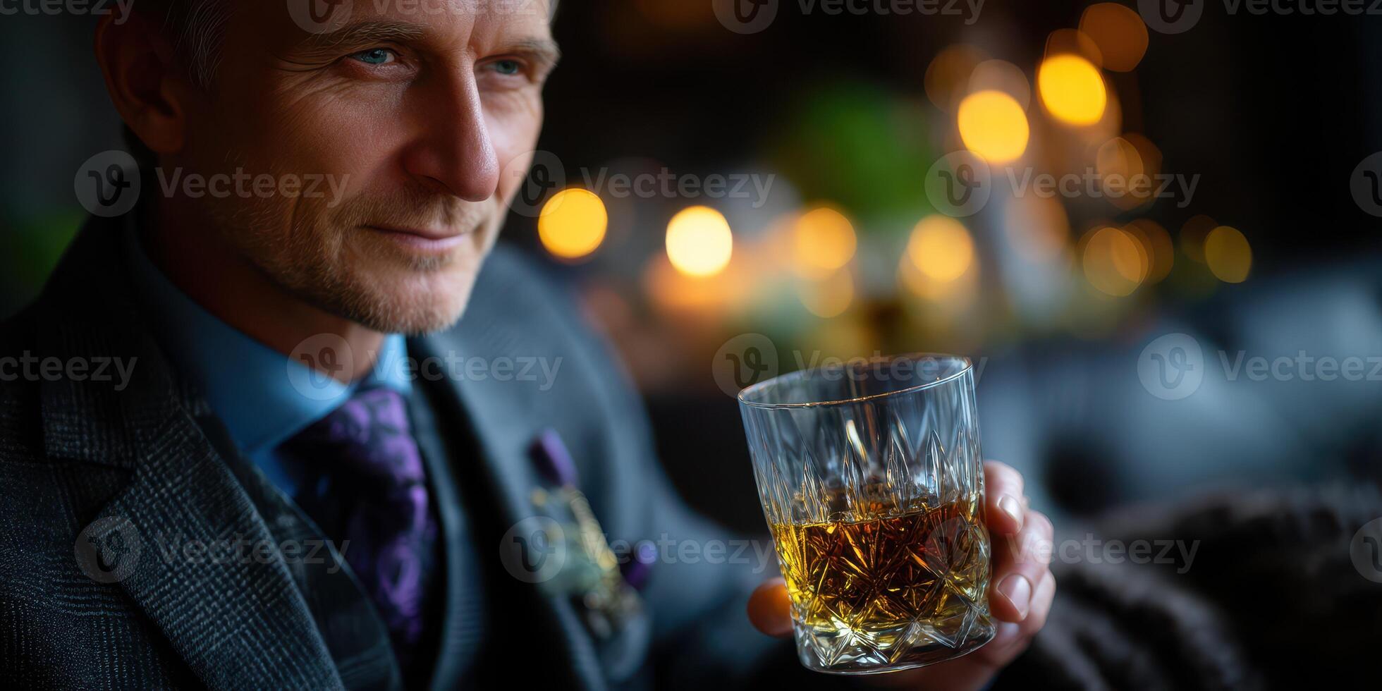 Man enjoying a glass of whiskey while seated in an elegantly decorated bar during evening hours photo