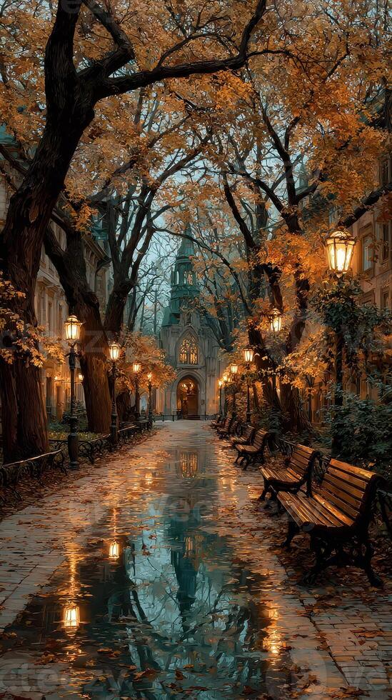 Autumn evening stroll in a quiet alley with glowing street lamps and fallen leaves photo