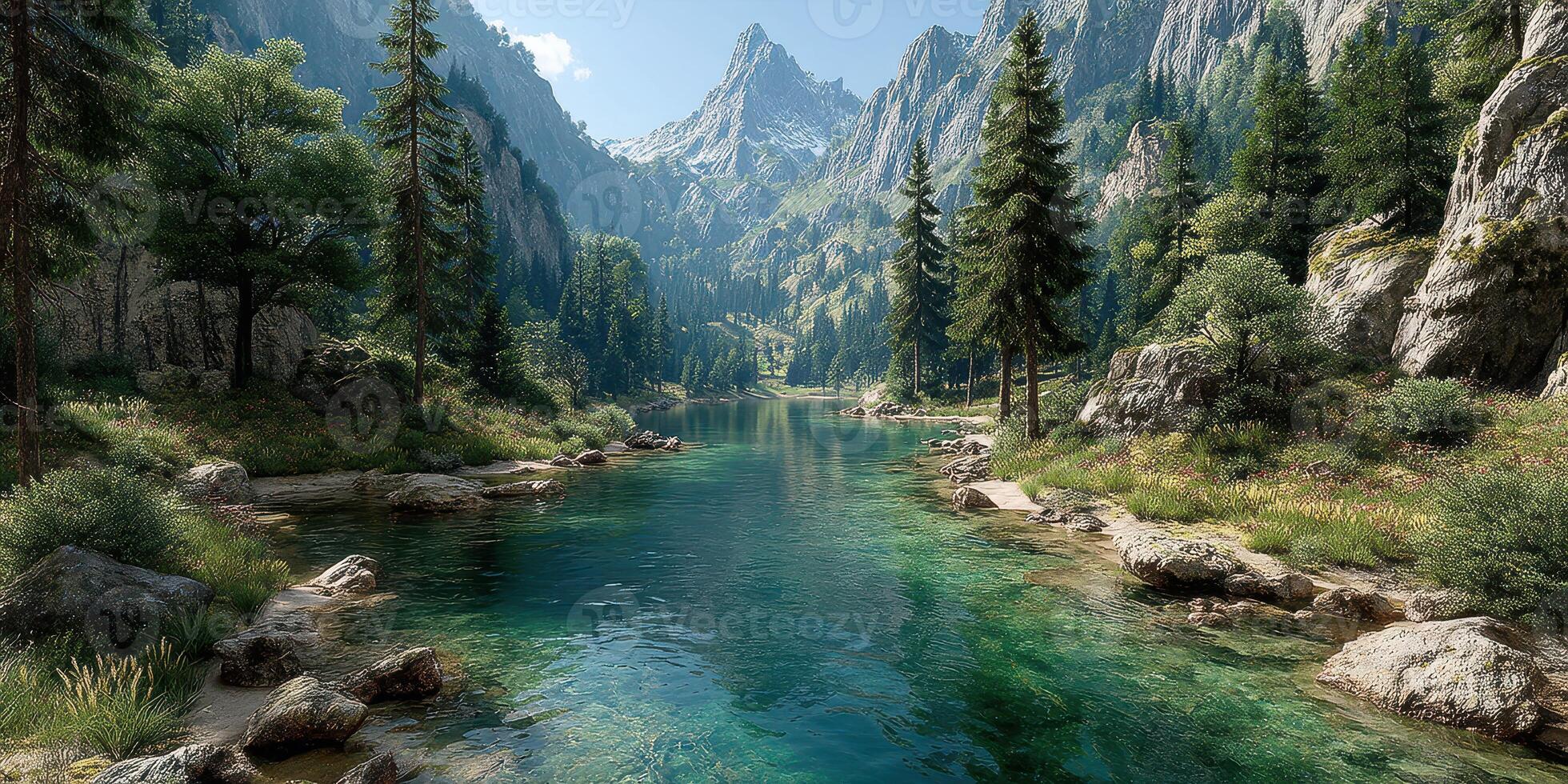 Serene mountain landscape with clear river flowing through lush greenery under bright blue sky photo