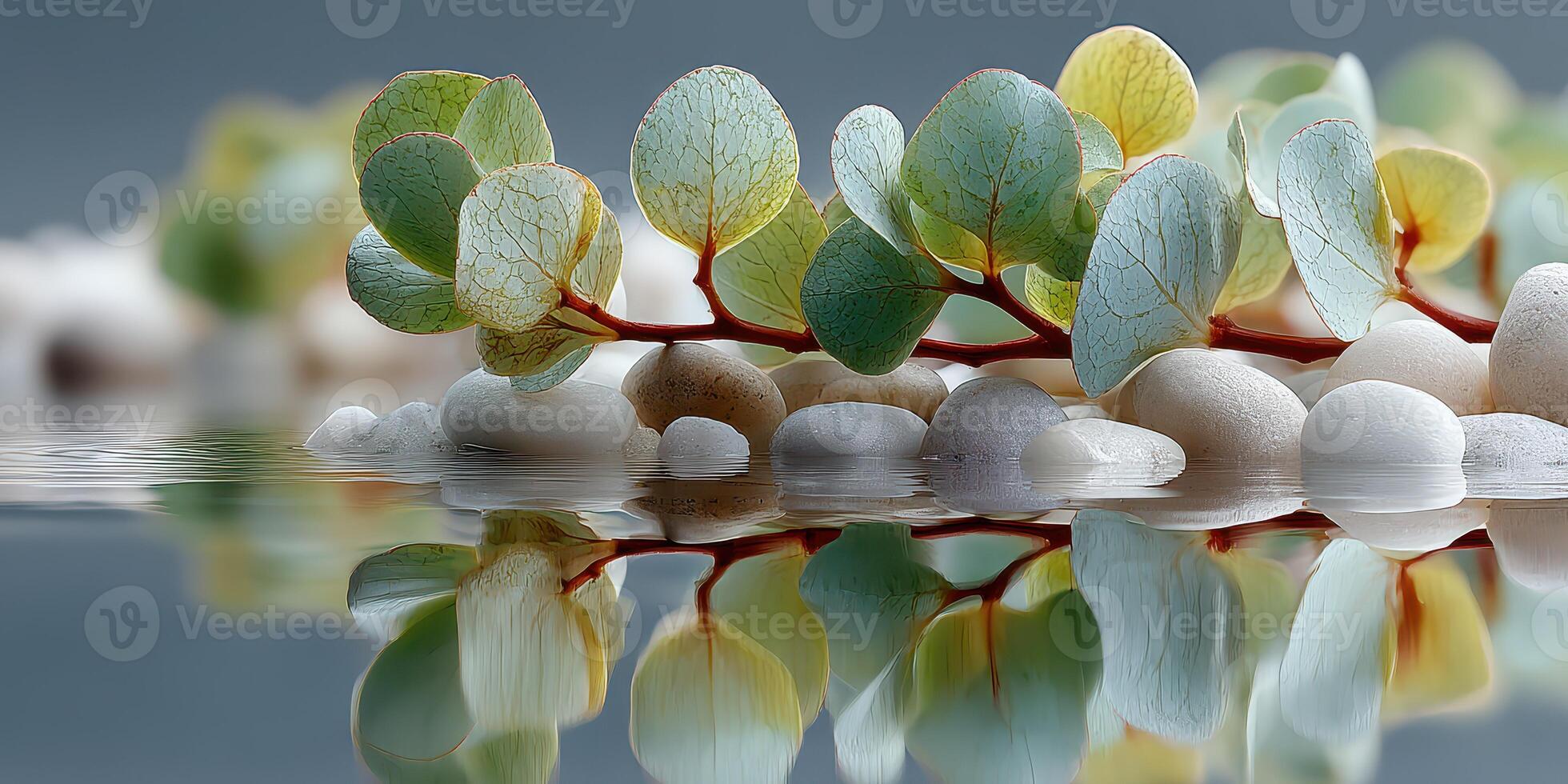 Serenity in nature with stacked pebbles and delicate leaves reflecting in calm water at dawn photo