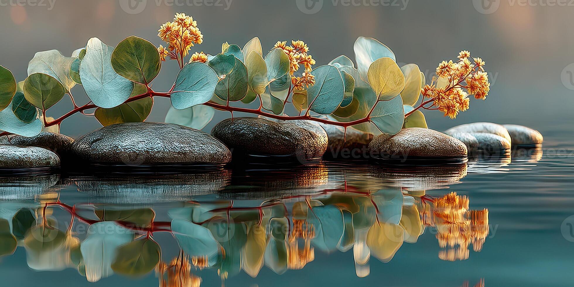 Natural beauty of stones and eucalyptus leaves reflecting in calm water during sunset hours in a tranquil setting photo