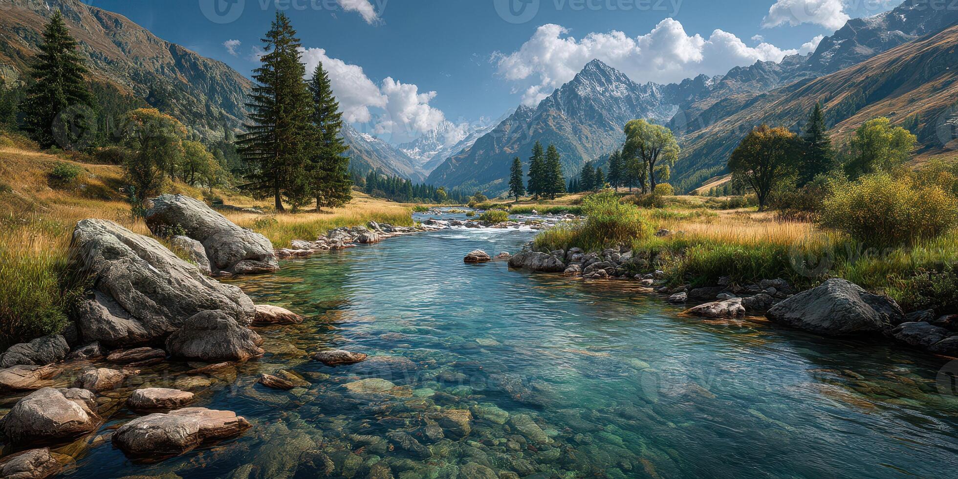 Scenic river flows through mountain valley with lush greenery and clear skies photo