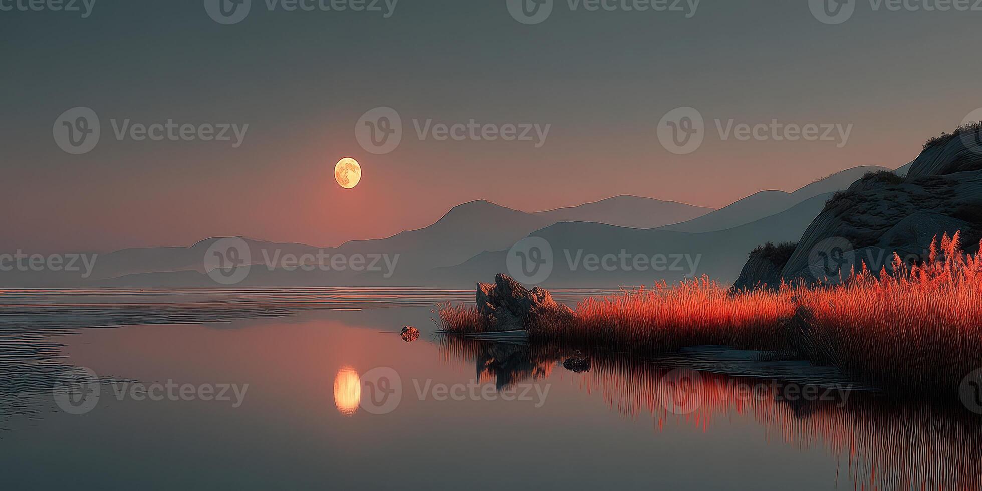 Moonrise over tranquil lake with reflections and silhouettes of mountains at twilight photo