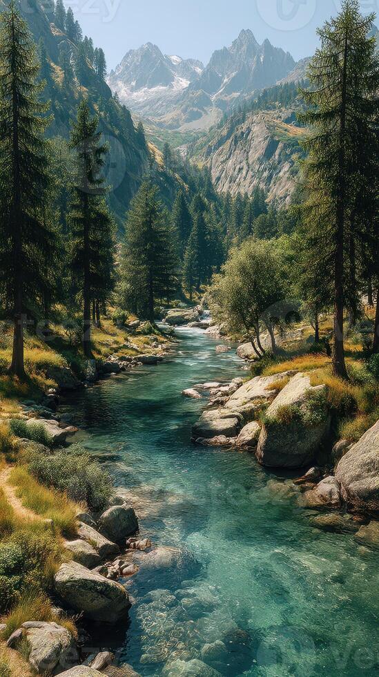 Crystal clear river flows through a lush valley with towering mountains in the background during a sunny day photo