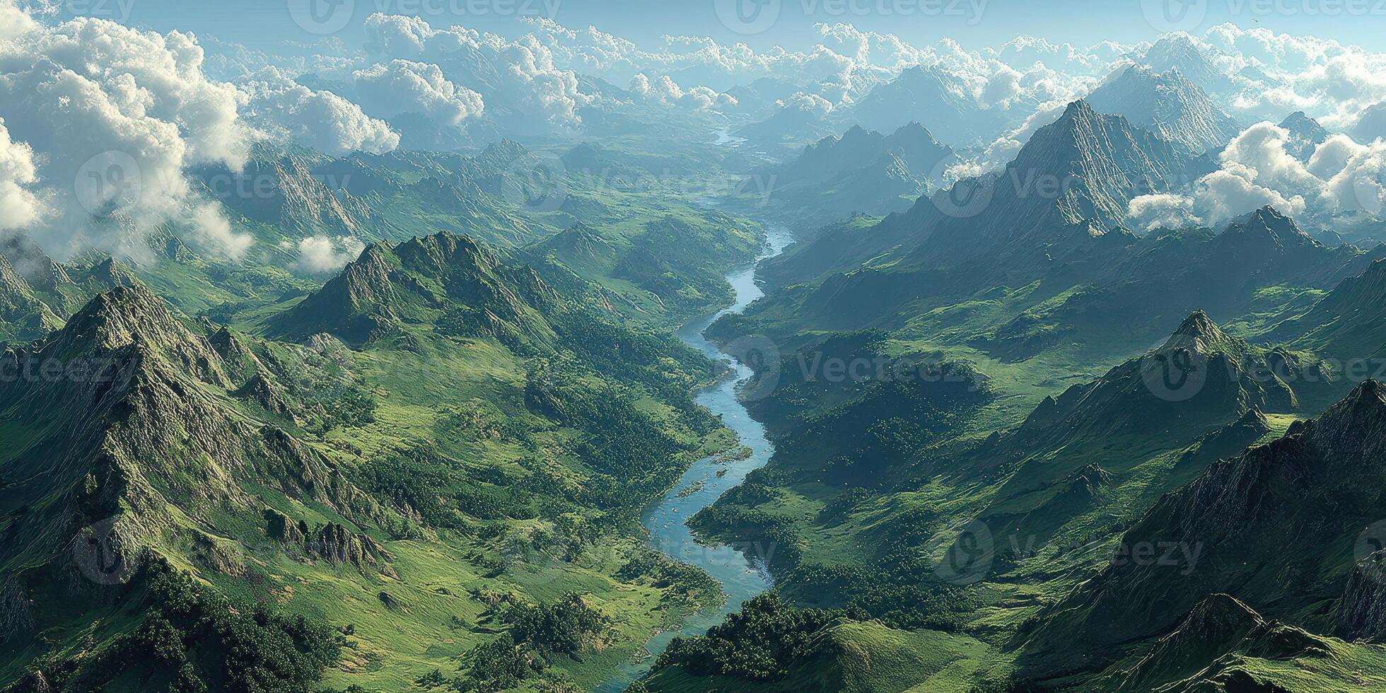 Majestic valley landscape with river and mountains under a cloudy sky in the early morning light photo